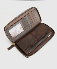 Vintage Mens Zipper Around Brown Leather Long Wallets Bifold Zipper Long Wallets for Men