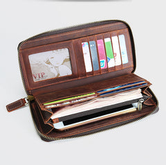 Vintage Mens Zipper Around Brown Leather Long Wallets Bifold Zipper Long Wallets for Men