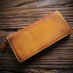 Vintage Mens Zipper Around Yellow Leather Long Wallets Bifold Zipper Long Wallets for Men