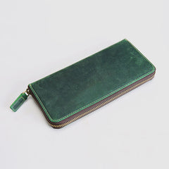Vintage Mens Zipper Around Green Leather Long Wallets Bifold Zipper Long Wallets for Men