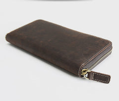 Vintage Mens Zipper Around Brown Leather Long Wallets Bifold Zipper Long Wallets for Men