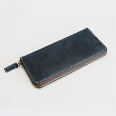 Vintage Mens Zipper Around Blue Leather Long Wallets Bifold Zipper Long Wallets for Men