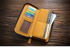 Vintage Mens Zipper Around Yellow Leather Long Wallets Bifold Zipper Long Wallets for Men