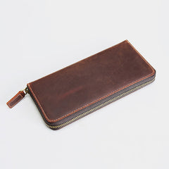 Vintage Mens Zipper Around Brown Leather Long Wallets Bifold Zipper Long Wallets for Men