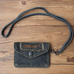 Vintage Womens Denim Card Holder with Lanyard Denim Blue Small Card Coin Purse for Women