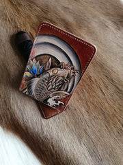 Carp Tooled Leather Wallet Card Wallet with ID Window Koi ID Holder Wallet - iwalletsmen