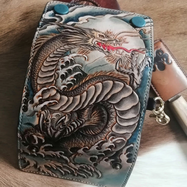 Tooled Leather Key Wallet Key Holders with Card Holder Loong Chinese Dragon Leather Key Wallets - iwalletsmen