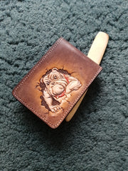 Bulldog Leather Wallet ID Holder Wallet Mens Wallet with ID Window Bulldog Wallet Tooled Leather Wallet Card Wallet with ID Window 