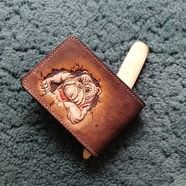 Tooled Leather Wallet Card Wallet with ID Window Bulldog Leather Wallet ID Holder Wallet Mens Wallet with ID Window Bulldog Wallet - iwalletsmen