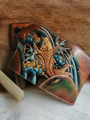 Tooled Leather Key Wallet Key Holders with Card Holder Yellow Carp Leather Key Wallets - iwalletsmen