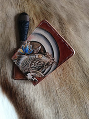 Carp Tooled Leather Wallet Card Wallet with ID Window Koi ID Holder Wallet - iwalletsmen