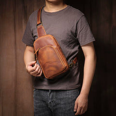 Black Leather Mens Cool Sling Bag Sling Pack Brown ONe Shoulder Backpack Chest Bag for men