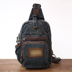 Blue Denim Mens Sling Bag Cool Chest Bag Vintage Blue Denim Sling Bag For Men