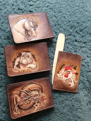 Tooled Leather Wallet Card Wallet with ID Window Bulldog Leather Wallet ID Holder Wallet Mens Wallet with ID Window Bulldog Wallet - iwalletsmen