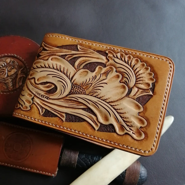 Tooled Leather Wallet Card Wallet with ID Window