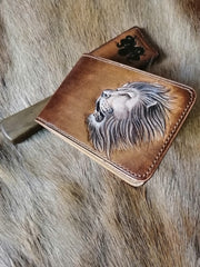 Tooled Leather Wallet Card Wallet with ID Window Lion Leather Wallet ID Holder Wallet Mens Wallet with ID Window Lion Wallet - iwalletsmen