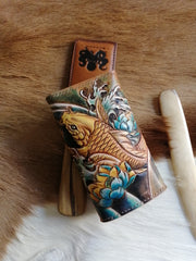 Tooled Leather Key Wallet Key Holders with Card Holder Yellow Carp Leather Key Wallets - iwalletsmen