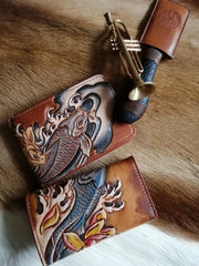 Tooled Leather Key Wallet Key Holders with Card Holder Carp Leather Key Wallets - iwalletsmen