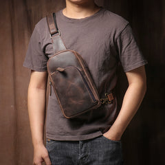Black Leather Mens Cool Sling Bag Sling Pack Brown ONe Shoulder Backpack Chest Bag for men