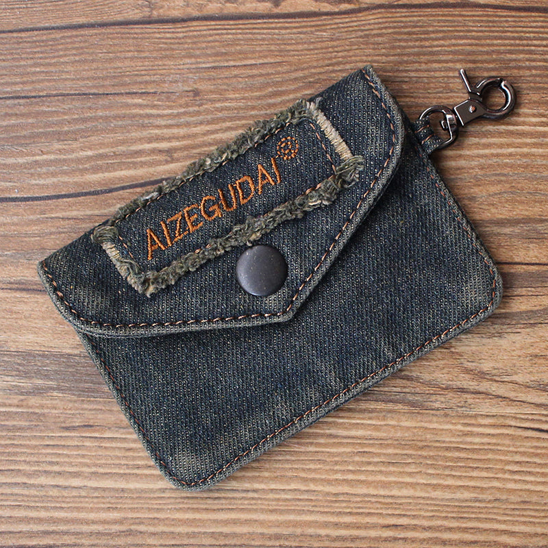 Vintage Womens Denim Mini Card Holder with Lanyard Denim Small Card Coin Purse for Women