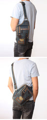 Denim Mens Sling Bag Waist Bag Chest Bag Vintage Blue Denim Sling Bag For Men