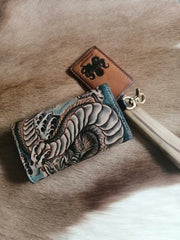Tooled Leather Key Wallet Key Holders with Card Holder Loong Chinese Dragon Leather Key Wallets - iwalletsmen