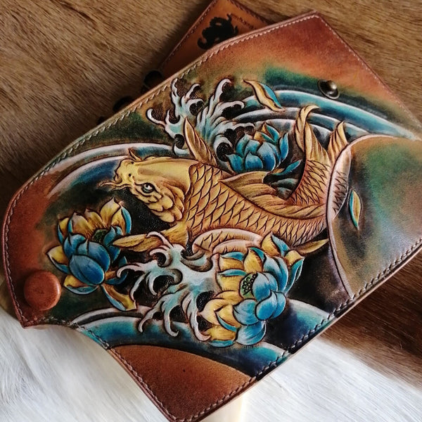Tooled Leather Key Wallet Key Holders with Card Holder Yellow Carp Leather Key Wallets - iwalletsmen