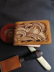 Tooled Leather Wallet Card Wallet with ID Window Floral Leather Wallet ID Holder Wallet Mens Wallet with ID Window Floral Wallet - iwalletsmen