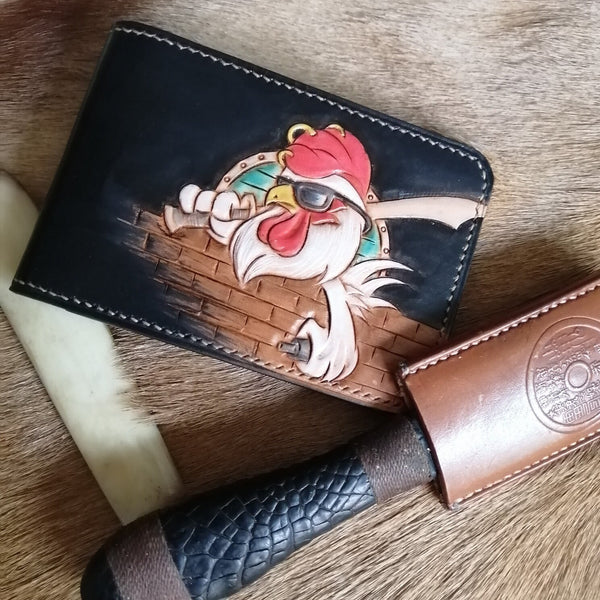 Tooled Leather Wallet Rooster Wallet with ID Window