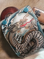 Tooled Leather Key Wallet Key Holders with Card Holder Loong Chinese Dragon Leather Key Wallets - iwalletsmen