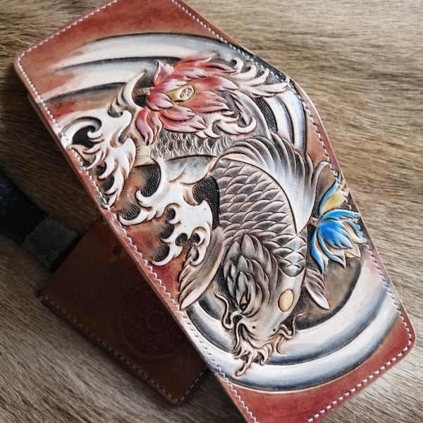 Carp Tooled Leather Wallet Card Wallet with ID Window Koi ID Holder Wallet - iwalletsmen