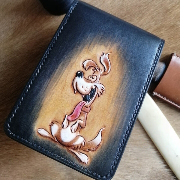 Tooled Leather Wallet Card Wallet with ID Window Dog Leather Wallet ID Holder Wallet Mens Wallet with ID Window Cartoon Dog Wallet - iwalletsmen