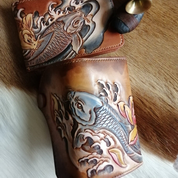 Tooled Leather Key Wallet Key Holders with Card Holder Carp Leather Key Wallets - iwalletsmen
