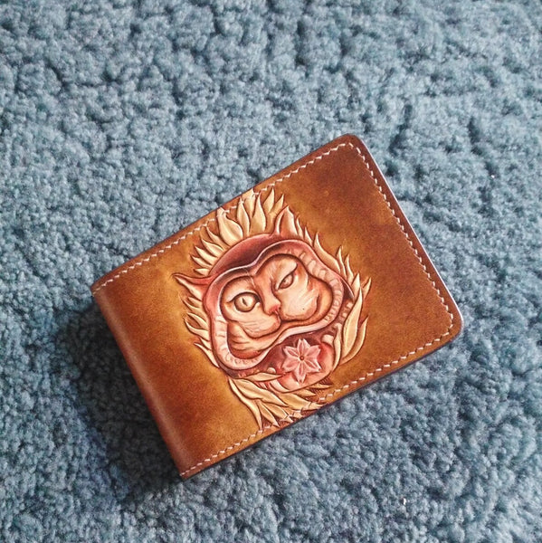 Cat Wallet ID Holder Wallet Mens Wallet with ID Window Cat  Wallet Tooled Leather Wallet Card Wallet with ID Window