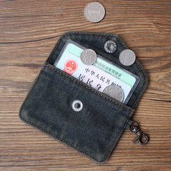 Vintage Womens Black Denim Mini Card Holder with Lanyard Denim Small Card Coin Purse for Women