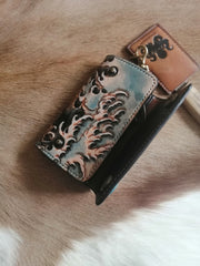 Tooled Leather Key Wallet Key Holders with Card Holder Loong Chinese Dragon Leather Key Wallets - iwalletsmen