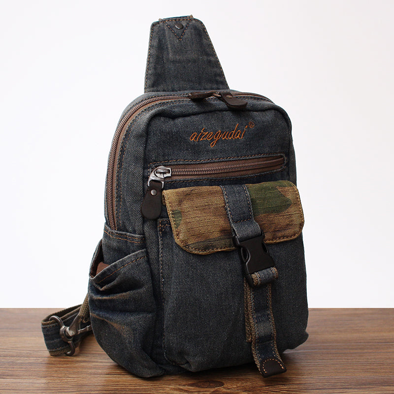 Blue Denim Mens Sling Bag Cool Chest Bag Vintage Blue Denim Sling Bag For Men