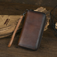Leather Double Zip Around Wallet for Men Long Mens Double Zip Wallet Wristlet - iwalletsmen