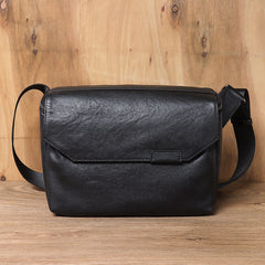 Black Leather Messenger Bag with Flap 