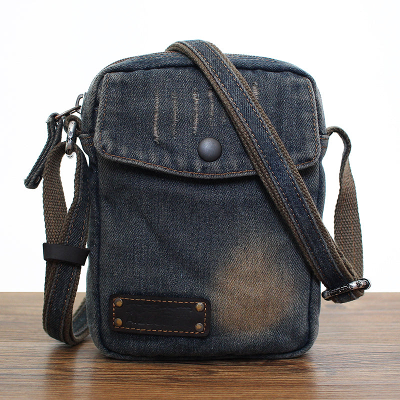 Blue Denim Small Side Bag Mens Denim Vertical Phone Shoulder Bag Vintage Denim Mini Crossbody Bag For Women