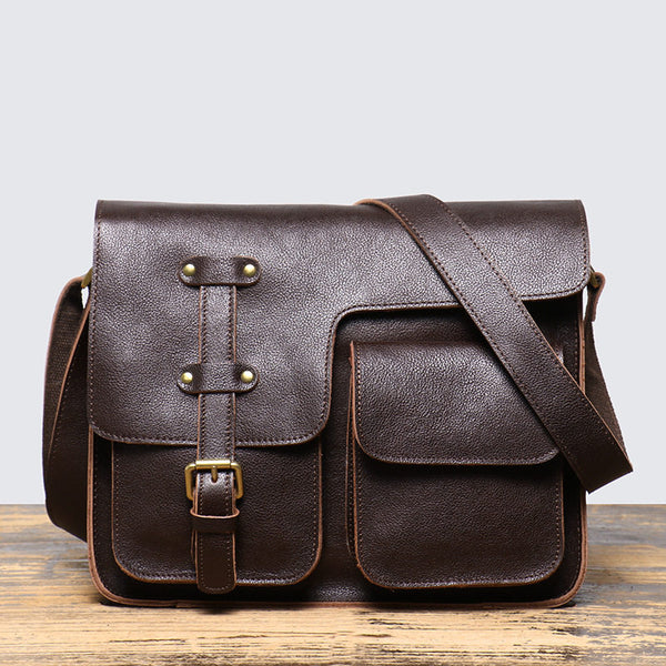 Coffee Leather Messenger Bag with Flap A4 