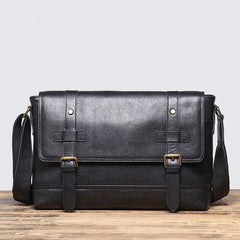 Black Leather Messenger Bag with Flap 