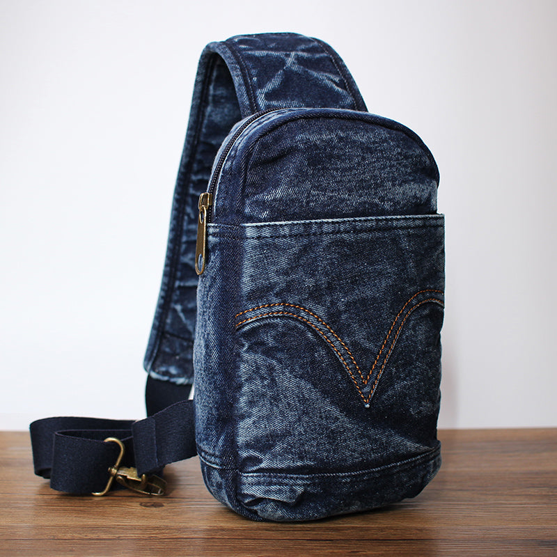 Blue Denim Mens Cool Sling Bag Chest Bag Vintage Blue Denim Sling Bag For Men