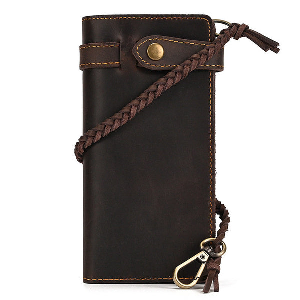 Dark Brown Biker Chain Wallet with Briaded Leather Wallet Chain - iwalletsmen