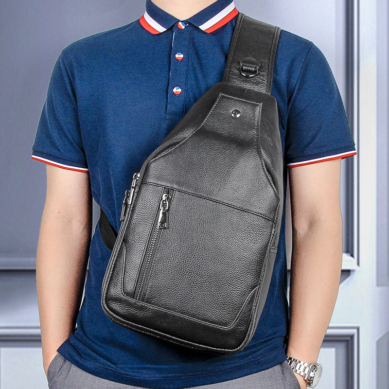 Cool Leather Mens 10" Black Sling Bag Chest Bag One Shoulder Backpack for Men