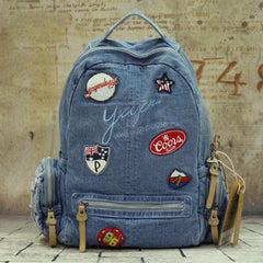 Vintage Blue Denim Womens Backpack School Backpack With Stickers Vinta Vintage Blue Denim Womens Backpack School Backpack With Stickers Vinta