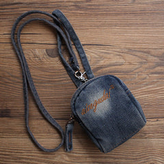 Womens Blue Denim Small Card Coin Purse Vintage Denim Mini Pouch with Lanyard for Women