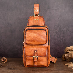 Brown Leather Chest Bag for Men Mens Chest Crossbody Bag Leather Cross Chest Bag Men's - iwalletsmen