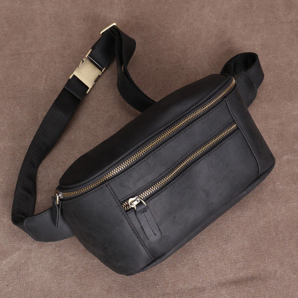 Black Vintage Large Leather Waist Bag Mens - iwalletsmen