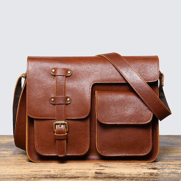 Brown Leather Messenger Bag with Flap A4 Flap Messenger Bag for Men - iwalletsmen